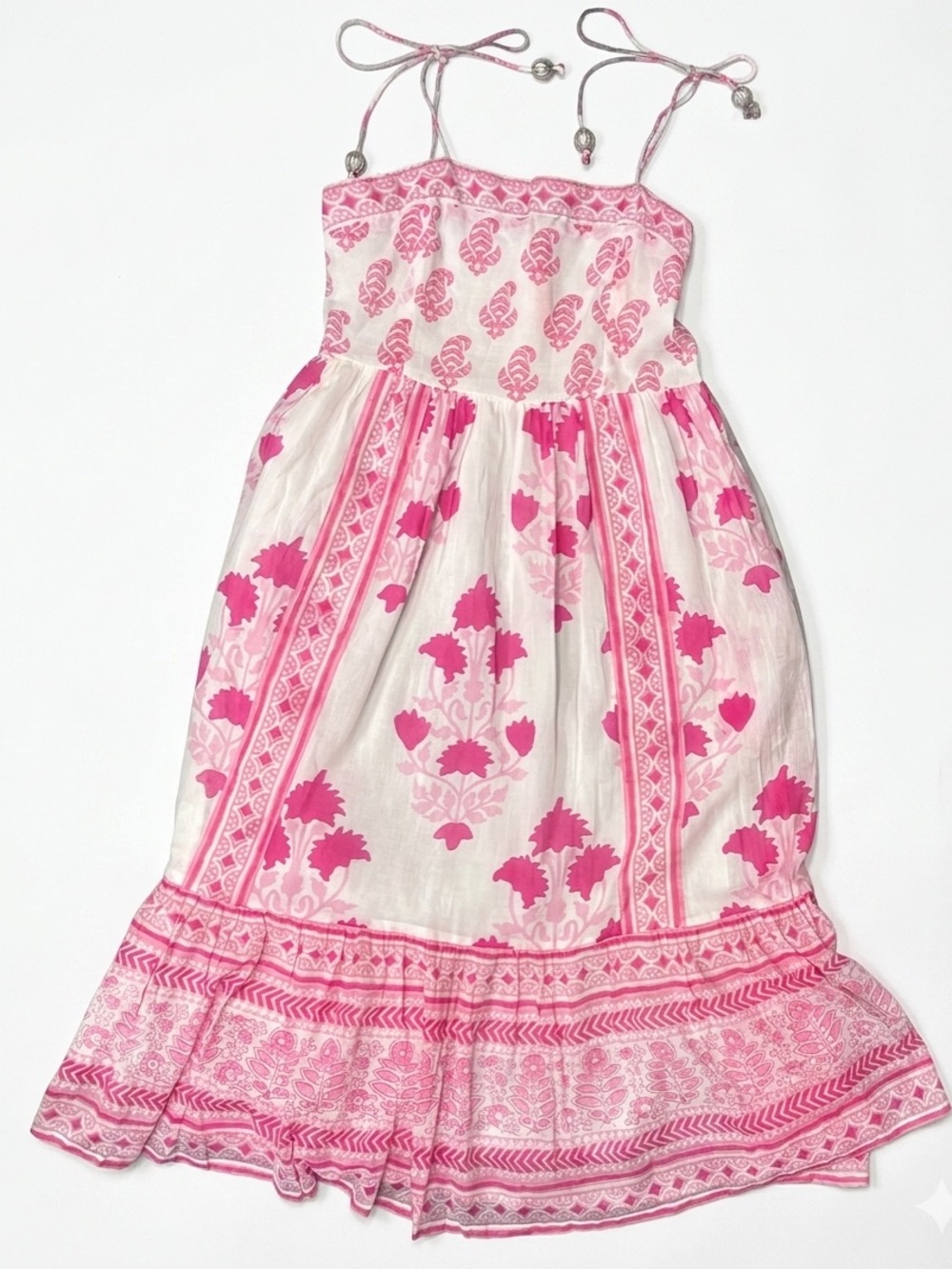 Oliphant Pink & White Floral Midi Dress with Bead-Tied Spaghetti Straps- Small